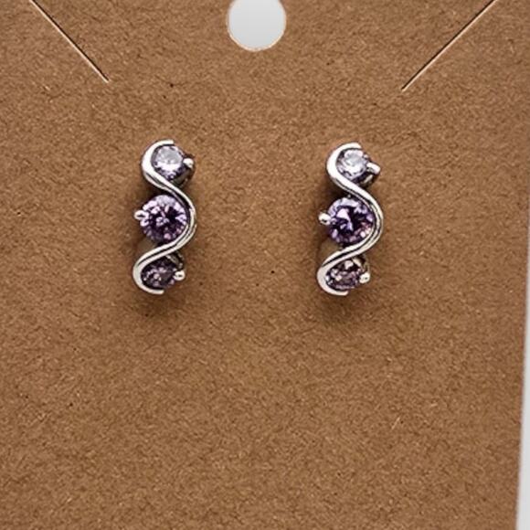 Amethyst Light Purple CZ Wave Hoop Stud Earrings | Sterling Silver 925 - Picture 2 of 8